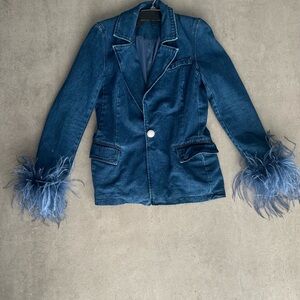 Chic Denim Blazer with Feather Cuffs